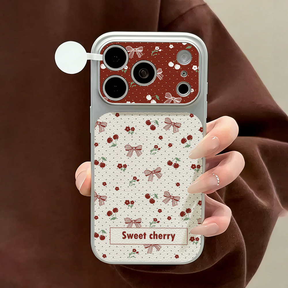 Phone Cases With Camera Cover - Sweet Cherry Bow Leather Phone Case
